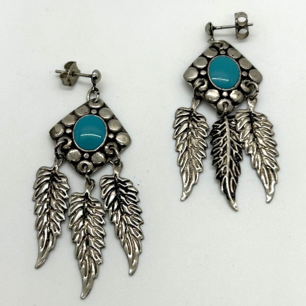 Vintage Silver-tone Earrings, Turquoise Enamel Southwestern Feather Boho 2.25"